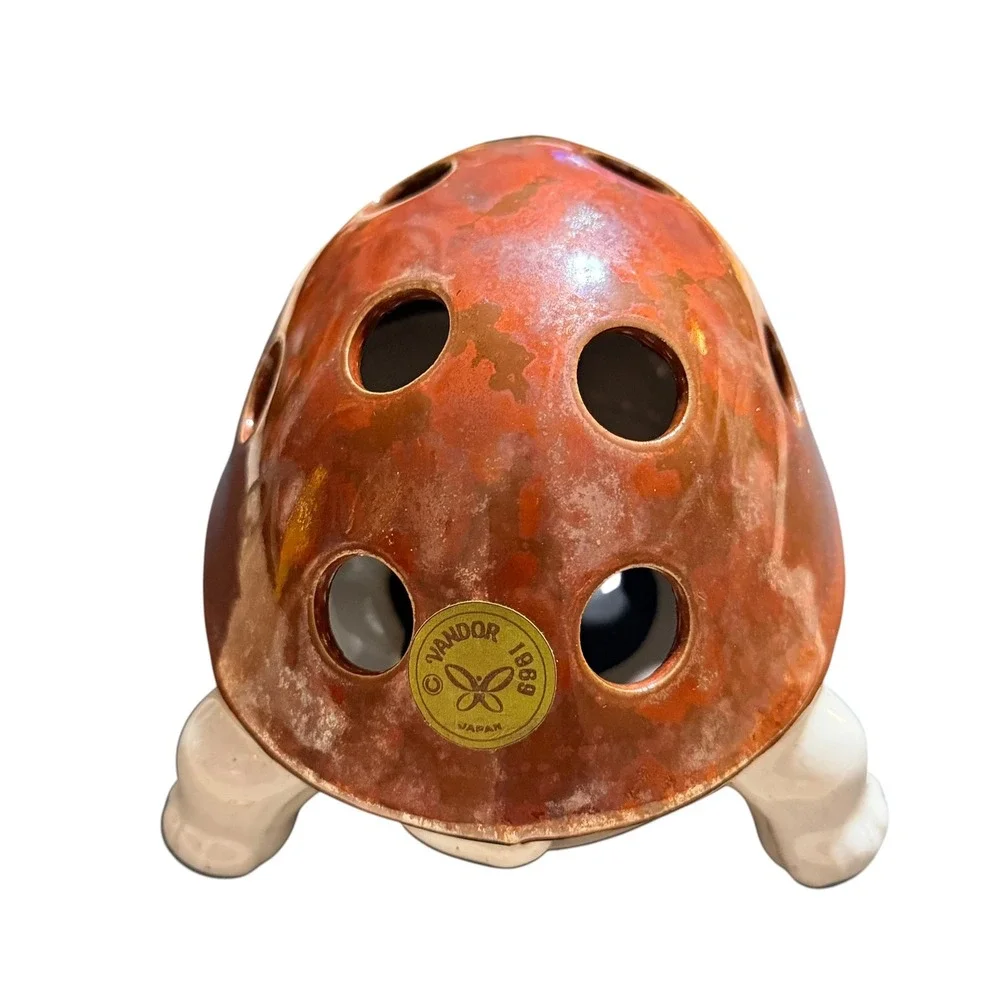 Vintage Vandor 1989 Ceramic Turtle Flower Frog Japan Brown Glazed Shell Decor